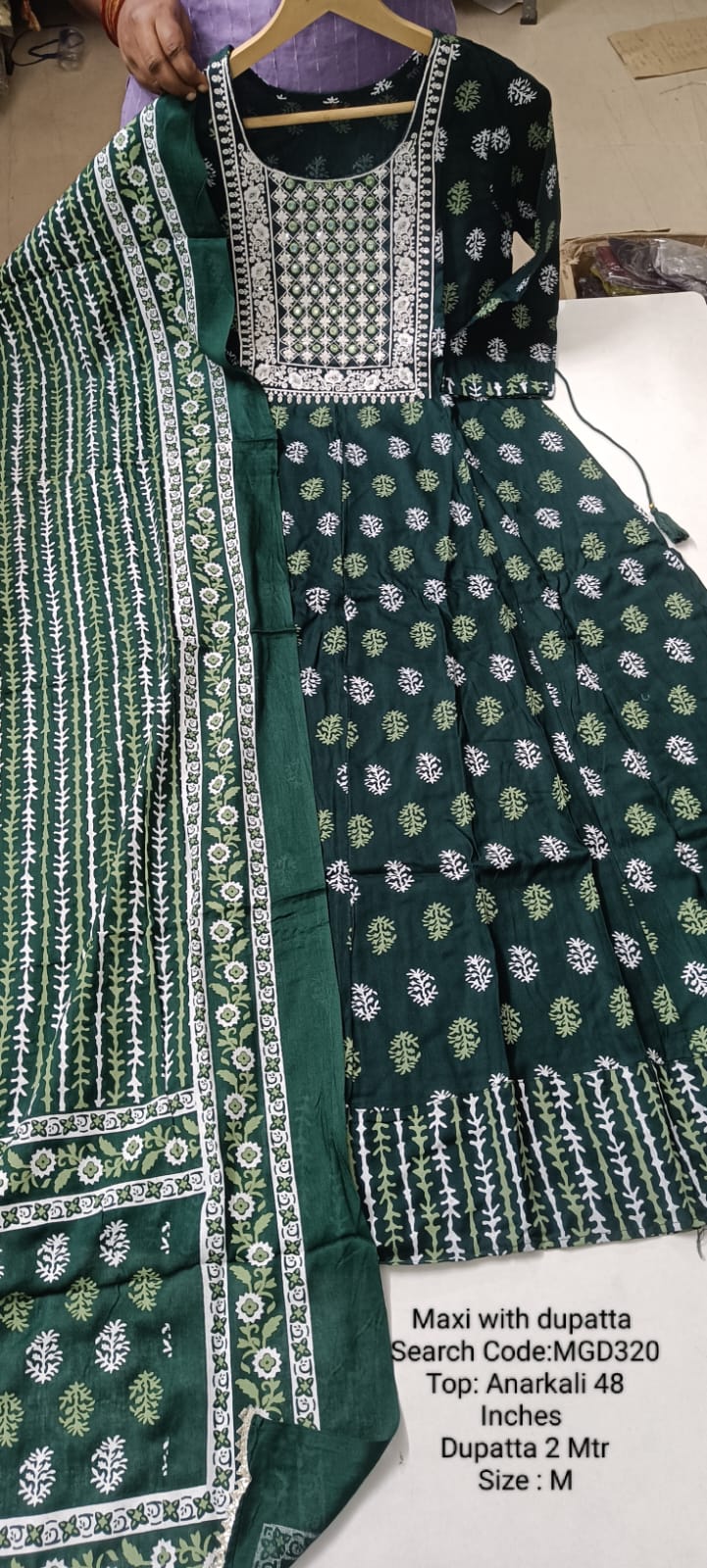 Bottle Green Cotton Mixed Rayon Maxi With Dupatta - MGD320