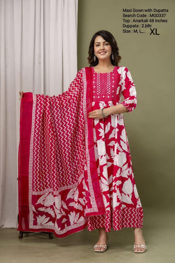 Rani Pink Cotton Mixed Rayon Maxi With Dupatta - MGD337
