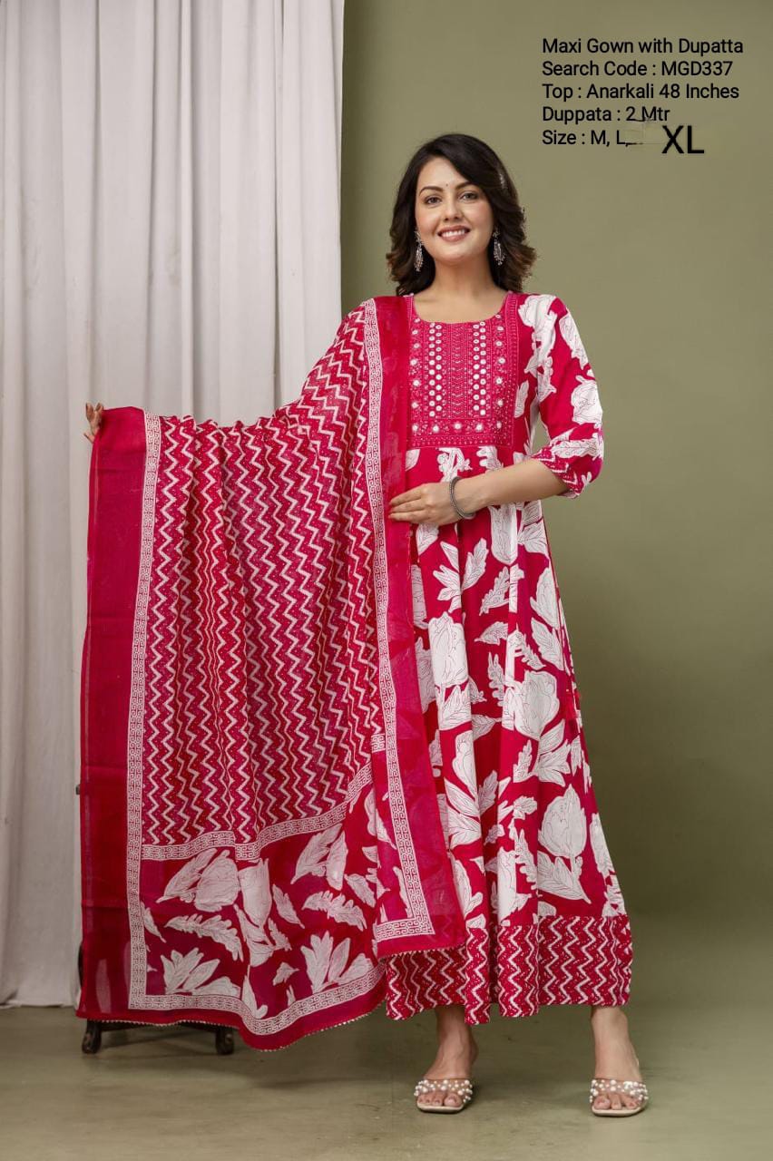 Rani Pink Cotton Mixed Rayon Maxi With Dupatta - MGD337