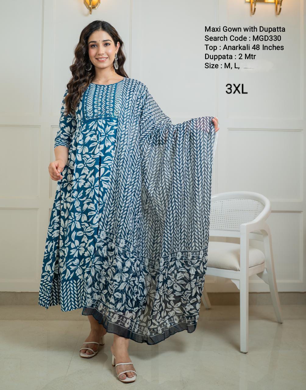 Teal Cotton Mixed Rayon Maxi With Dupatta - MGD330