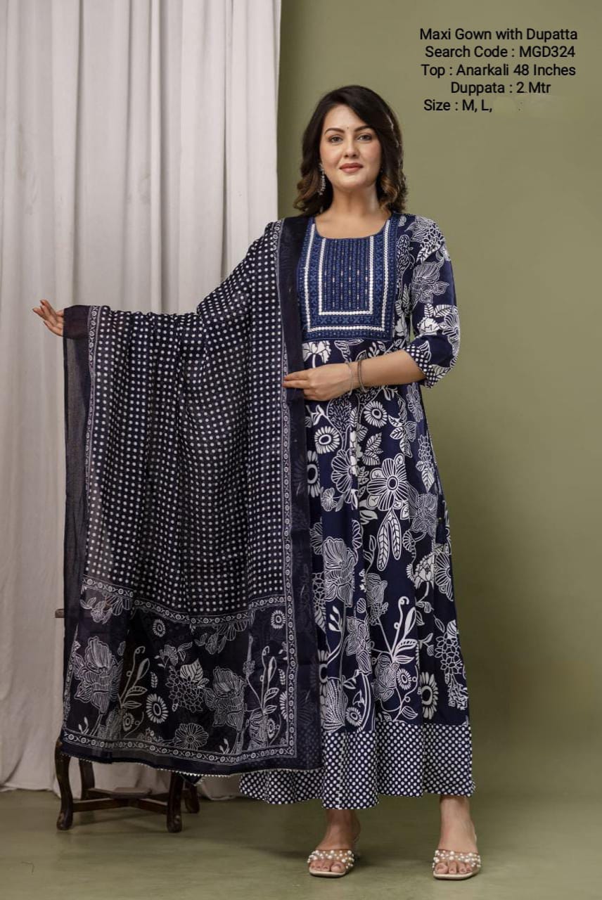Navy Bluel Cotton Mixed Rayon Maxi With Dupatta - MGD324