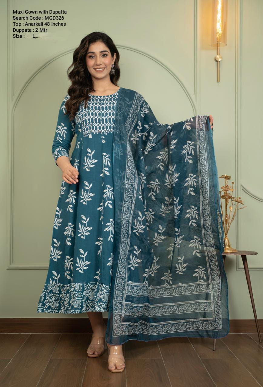Teal Blue Cotton Mixed Rayon Maxi With Dupatta - MGD326