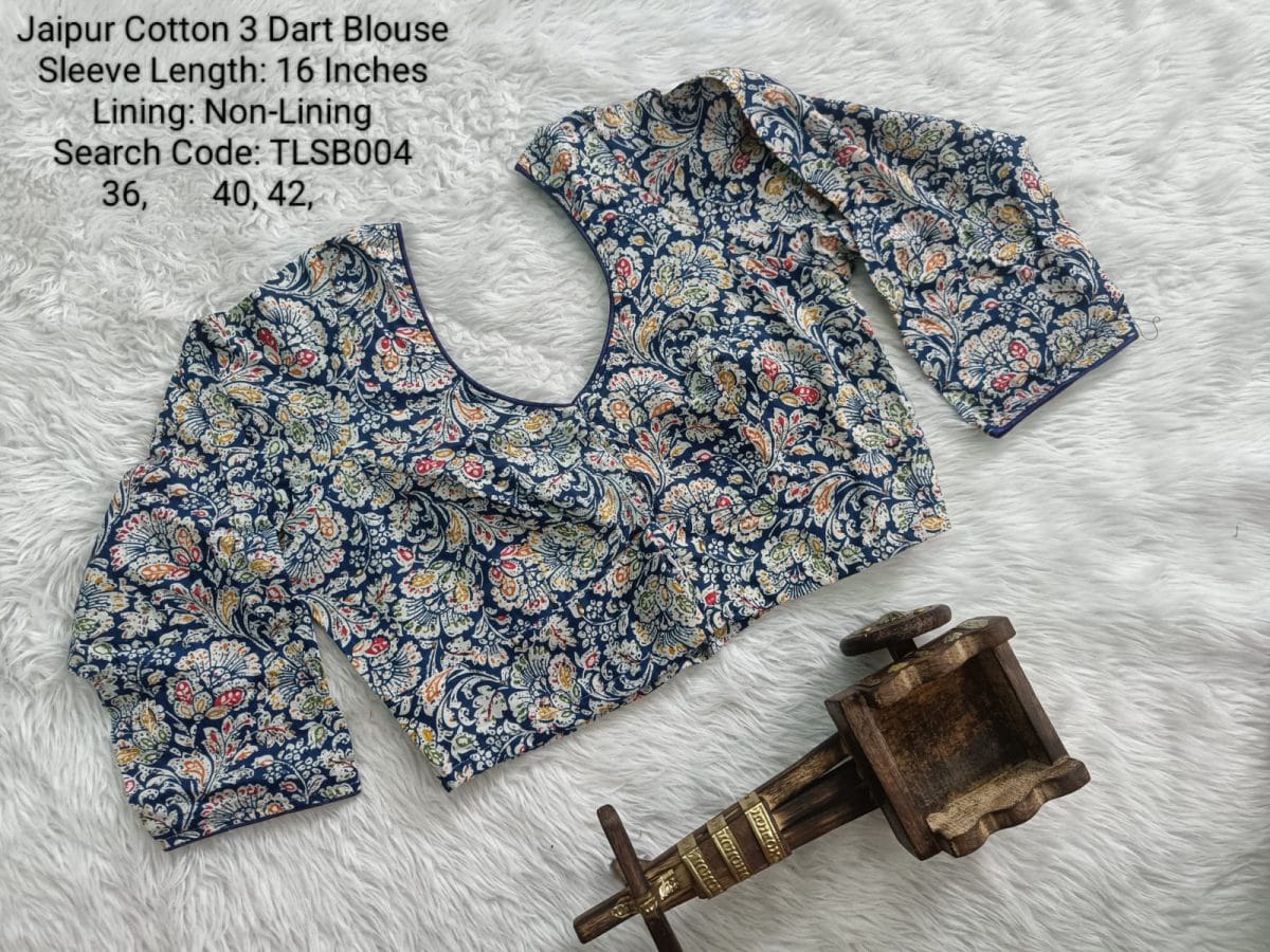 Navy Blue Cotton Tamil Nadu Style Three Dart Long Sleeve Blouse - TLSB004