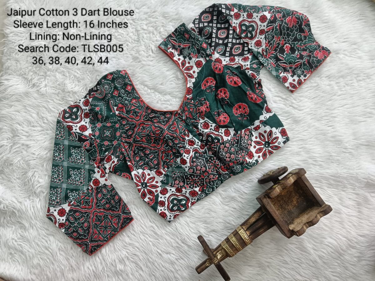 Green Cotton Tamil Nadu Style Three Dart Long Sleeve Blouse - TLSB005