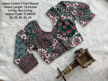 Green Cotton Tamil Nadu Style Three Dart Long Sleeve Blouse - TLSB005