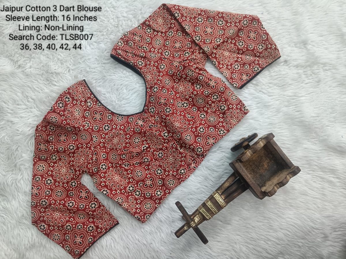 Red Cotton Tamil Nadu Style Three Dart Long Sleeve Blouse - TLSB007