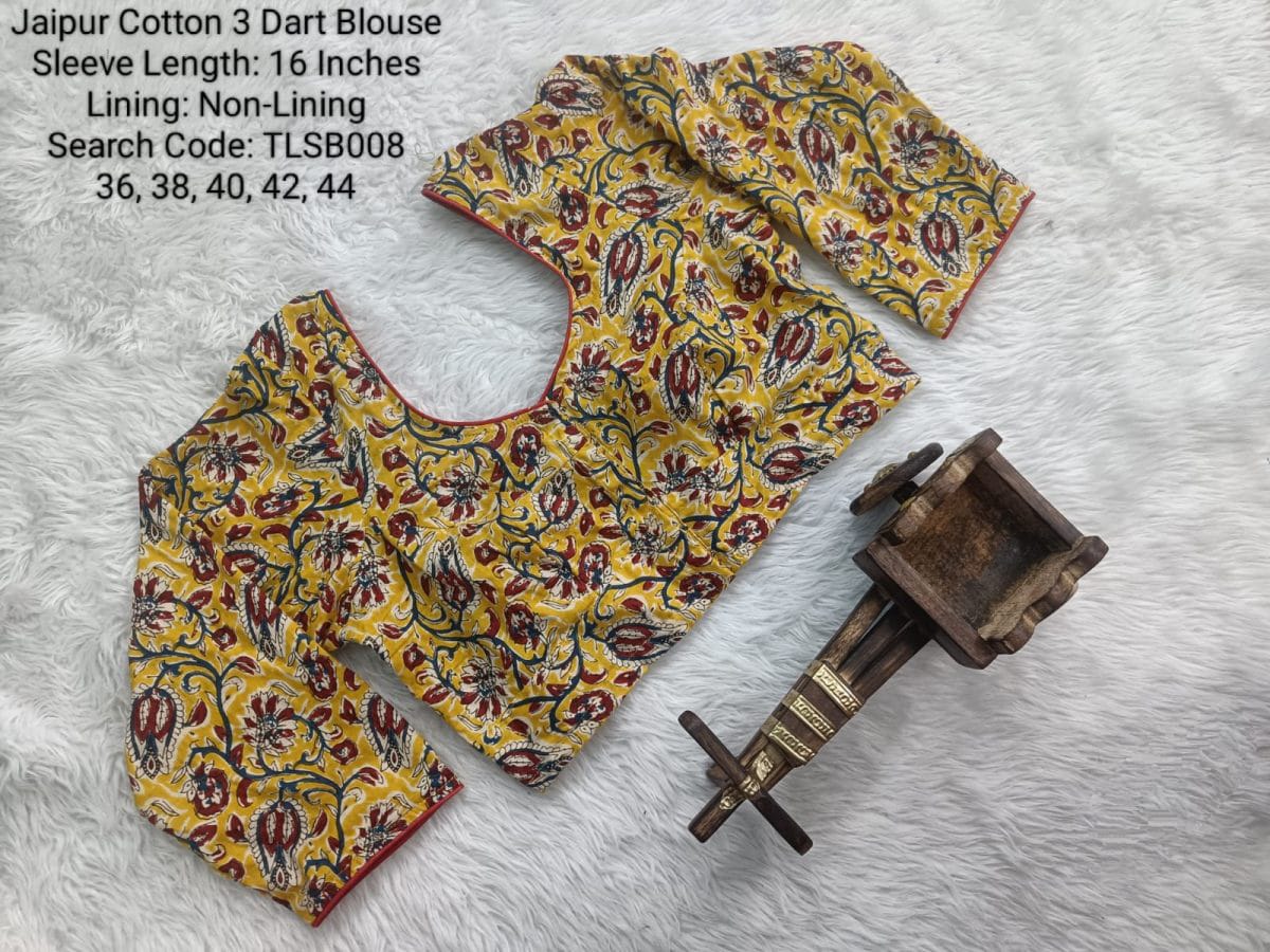 Yellow Cotton Tamil Nadu Style Three Dart Long Sleeve Blouse - TLSB008