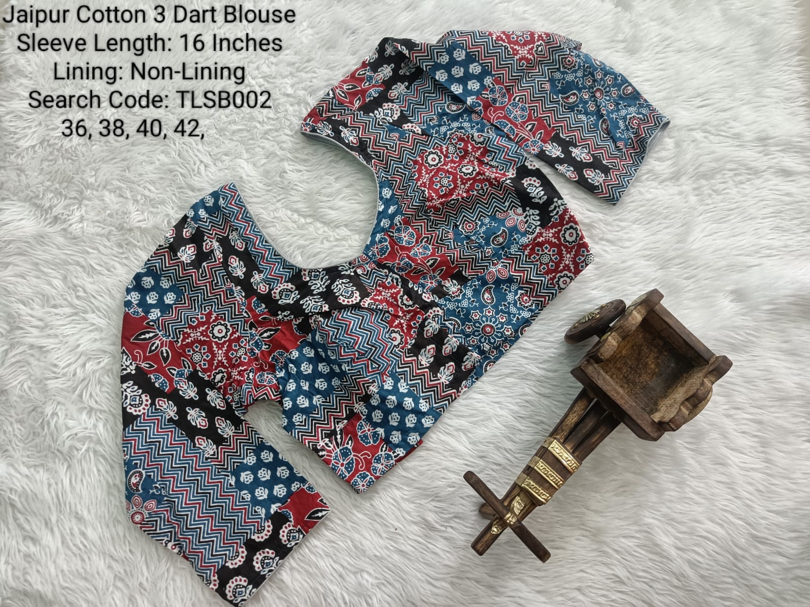Blue Cotton Tamil Nadu Style Three Dart Long Sleeve Blouse - TLSB002