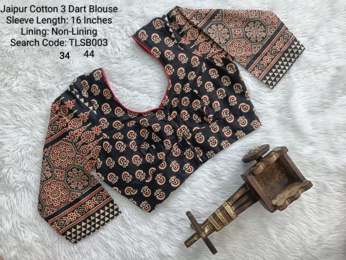 Black Cotton Tamil Nadu Style Three Dart Long Sleeve Blouse - TLSB003