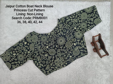 Black Cotton Princess Cut Boat Neck Blouse - PRMB001