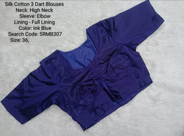 Navy Blue Silk Cotton 3 Dart High Neck Blouse - SRMB307