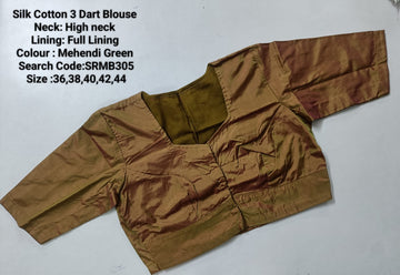 Mehandi Green Silk Cotton 3 Dart High Neck Blouse - SRMB305