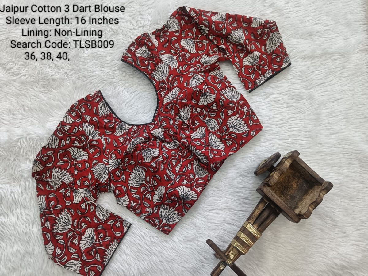 Red Cotton Tamil Nadu Style Three Dart Long Sleeve Blouse - TLSB009