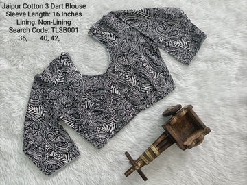 Black Cotton Tamil Nadu Style Three Dart Long Sleeve Blouse - TLSB001