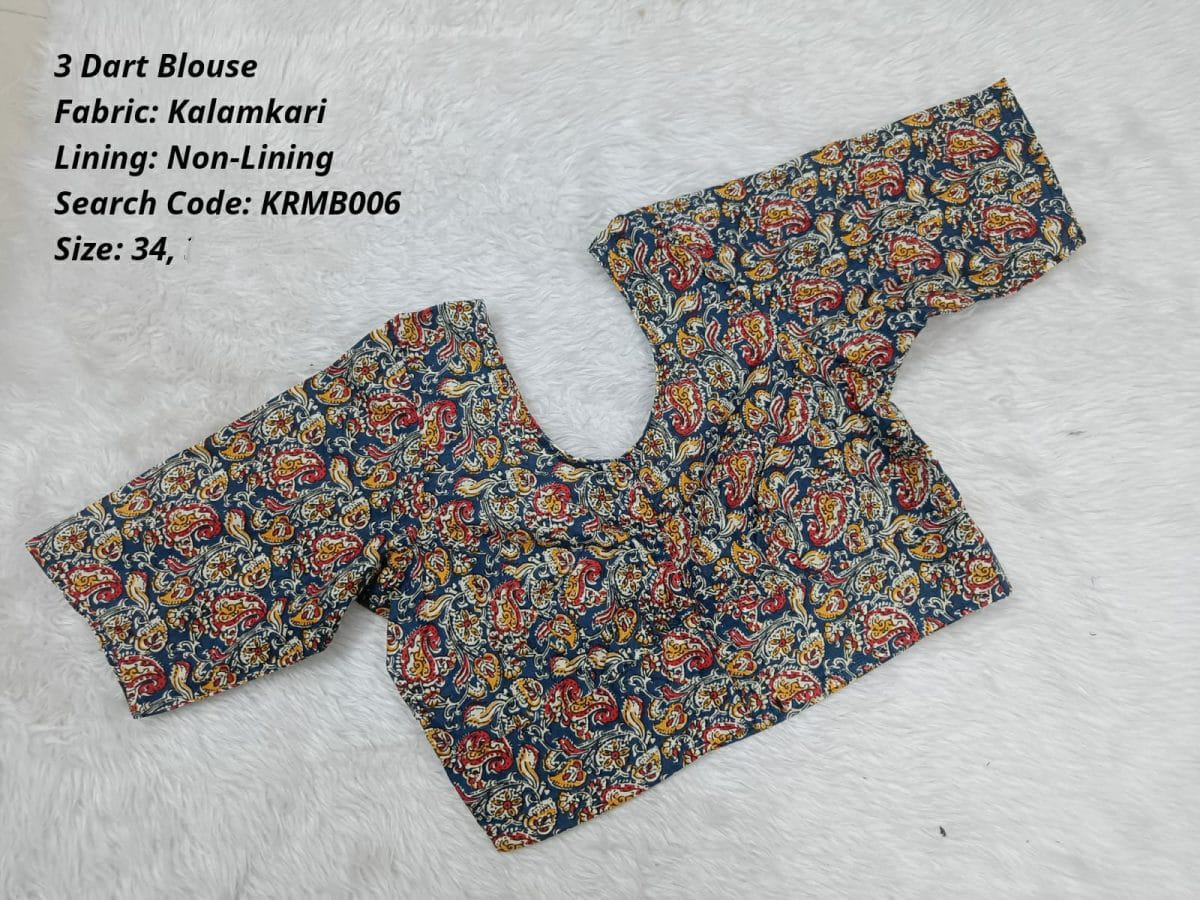 Blue Kalamkari 3 Dart Round Neck Blouse -KRMB006
