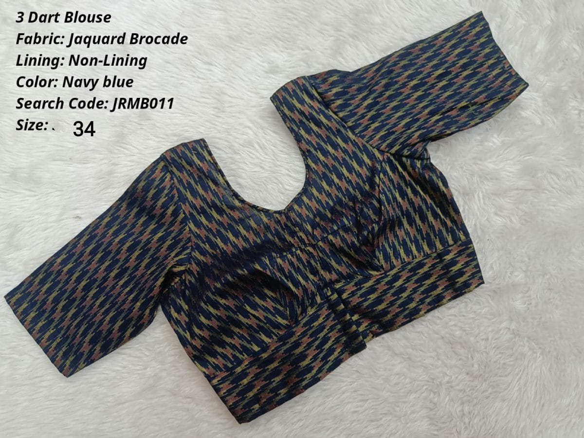 Navy Blue Jaquard  Brocade 3 Dart Round Neck Blouse -JRMB011