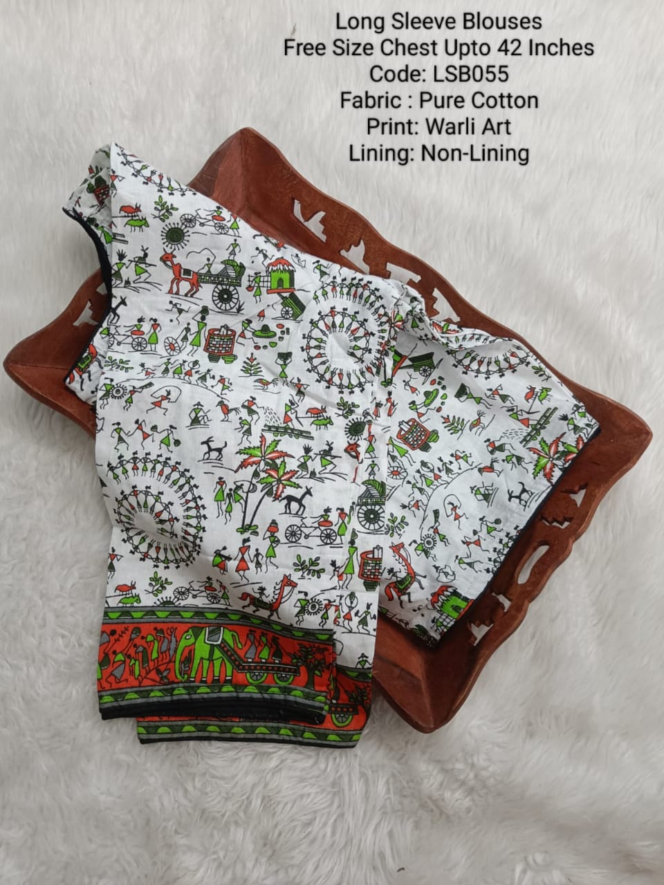 White Cotton Warli Art Long Sleeve Princess Cut Blouse -LSB055