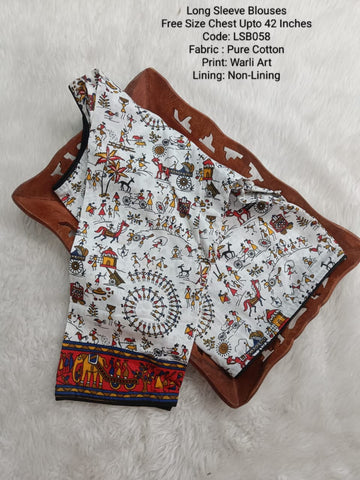 White Cotton Warli Art Long Sleeve Princess Cut Blouse -LSB058