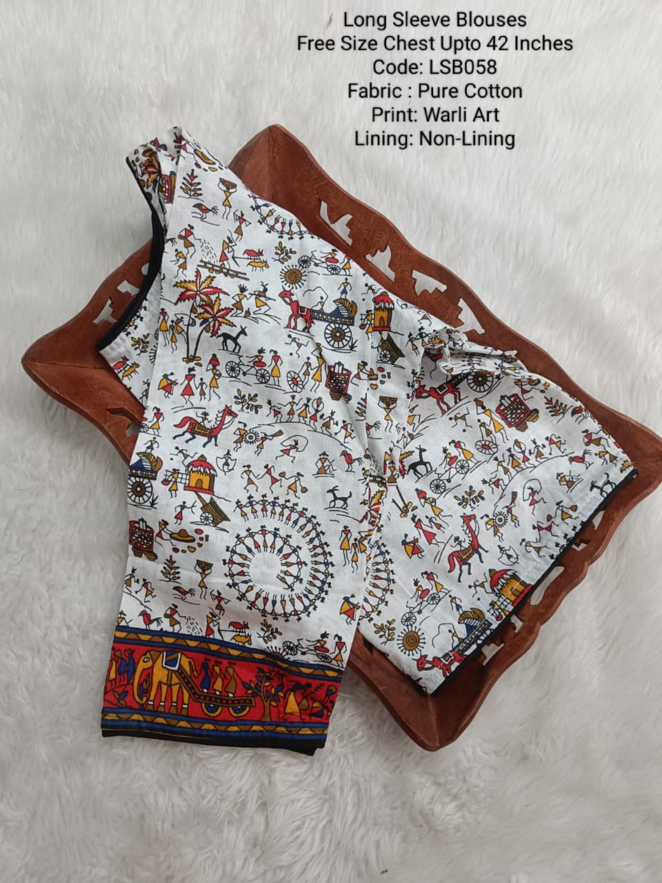 White Cotton Warli Art Long Sleeve Princess Cut Blouse -LSB058