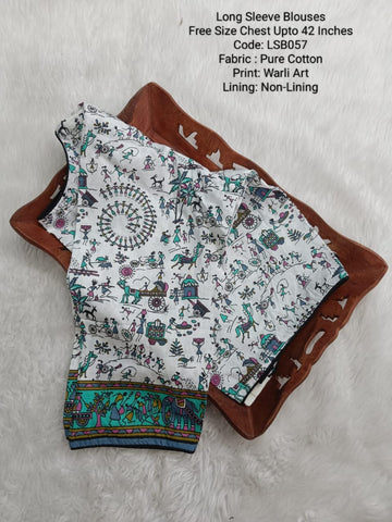 White Cotton Warli Art Long Sleeve Princess Cut Blouse -LSB057