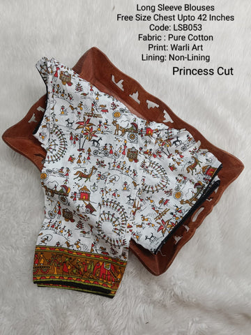White Cotton Warli Art Long Sleeve Princess Cut Blouse -LSB053