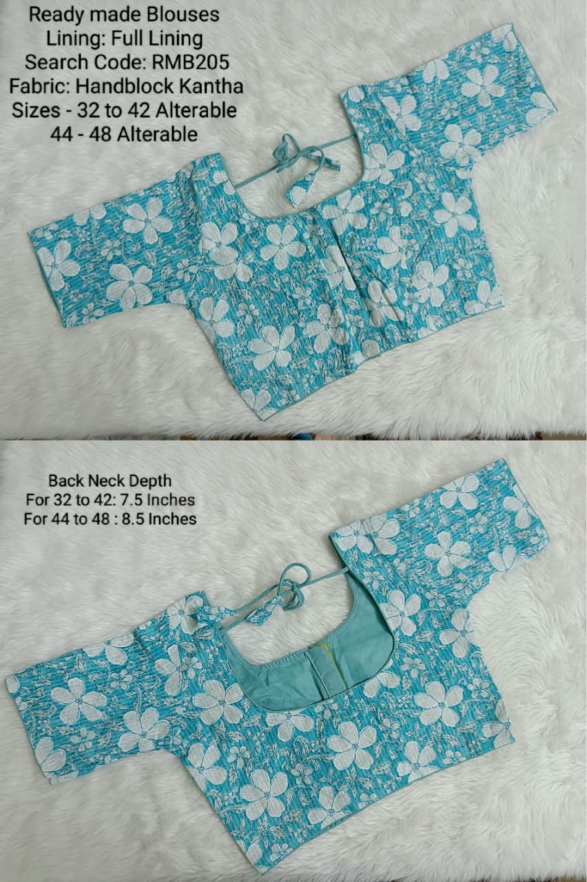 Blue Hand block Kantha 3 Dart Ready Made Blouse -RMB205