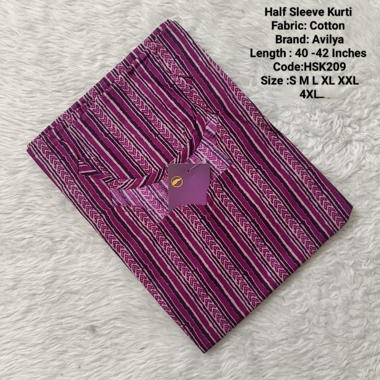Purple Cotton Half Sleeve Side Open  Kurtis - HSK209