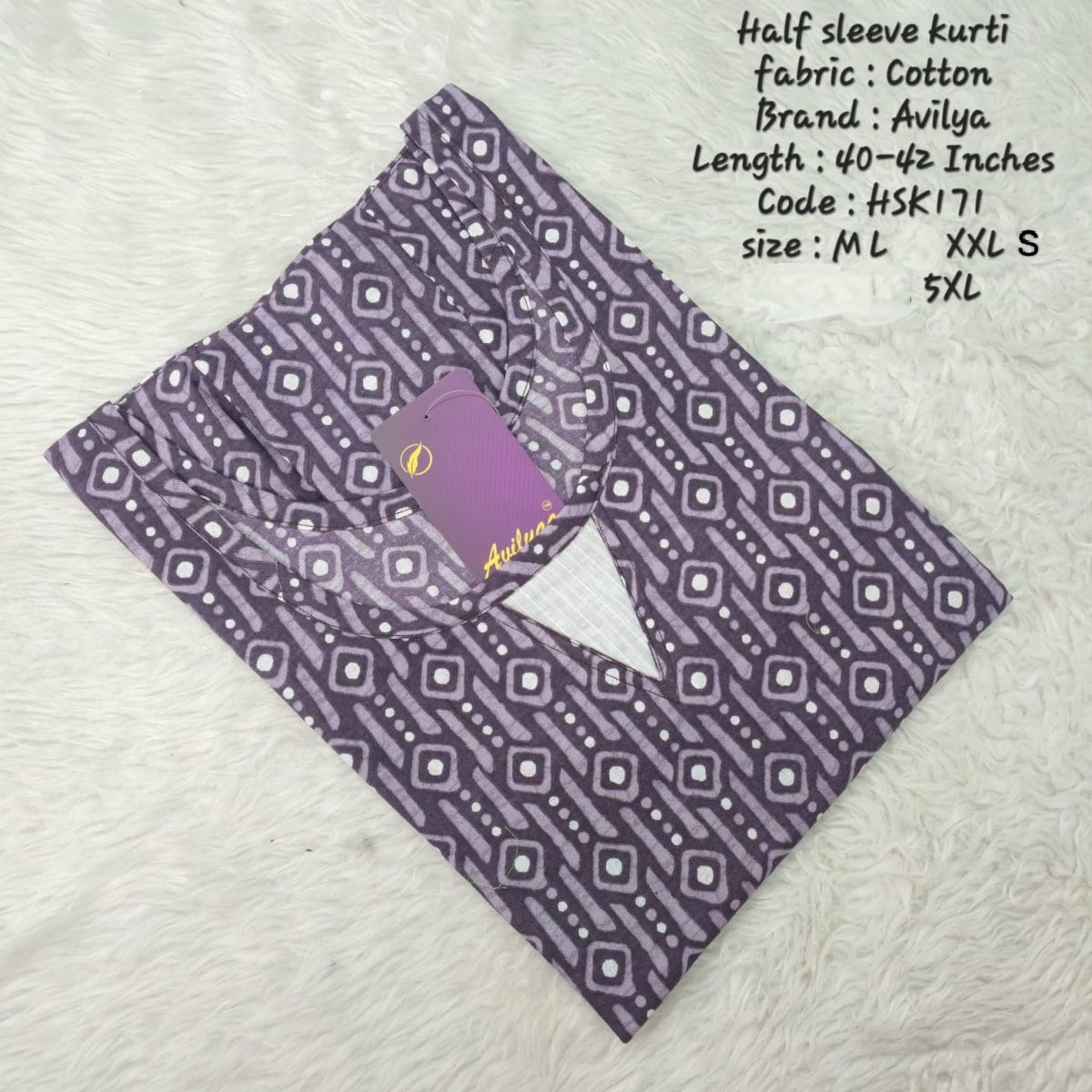 Purple Cotton Half Sleeve Side Open  Kurtis - HSK171