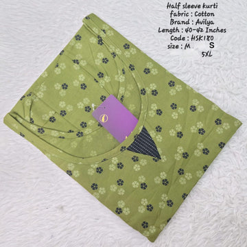 Green Cotton Half Sleeve Side Open  Kurtis - HSK180