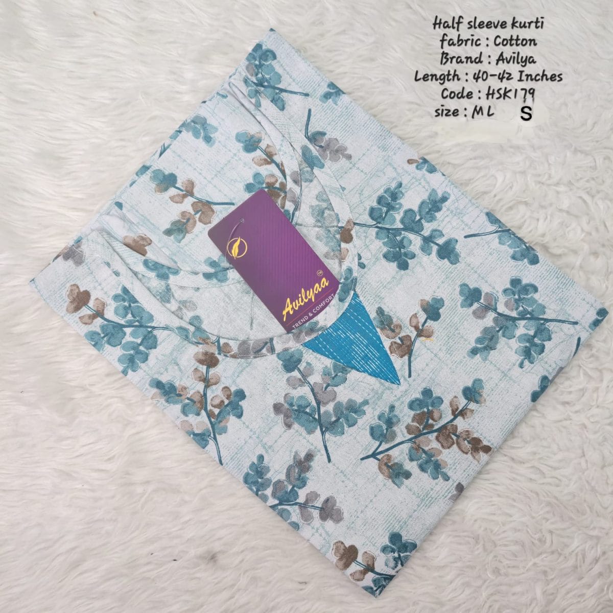 Blue Cotton Half Sleeve Side Open  Kurtis - HSK179