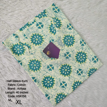 Green Cotton Half Sleeve Side Open  Kurtis - HSK156