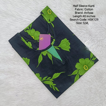 Black Cotton Half Sleeve Side Open  Kurtis - HSK129