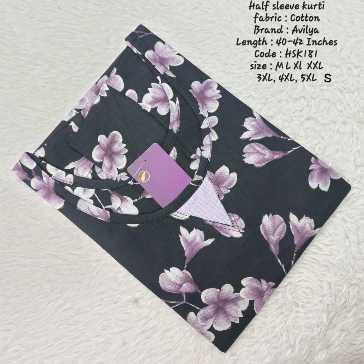 Black Cotton Half Sleeve Side Open  Kurtis - HSK181