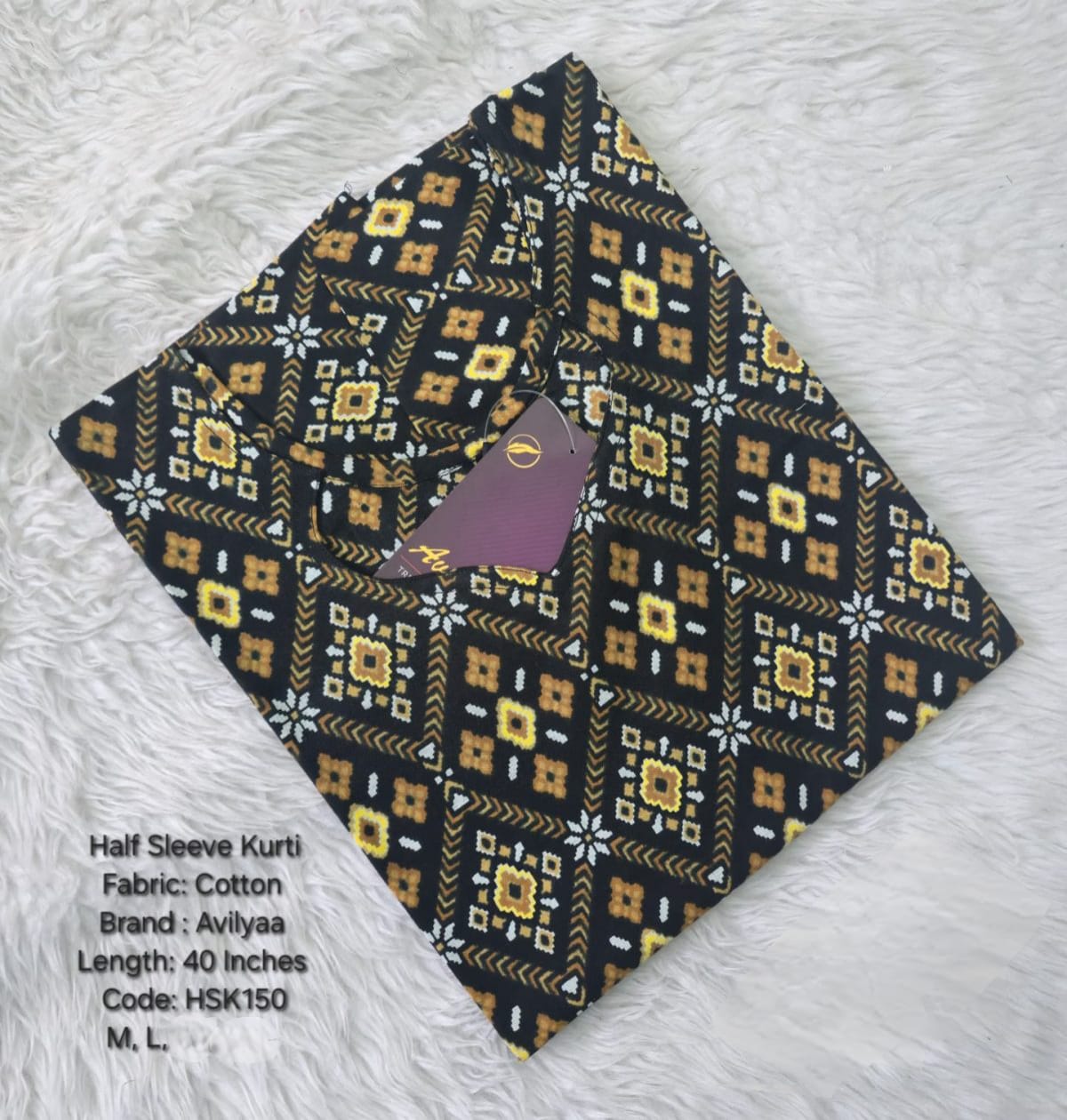 Black Cotton Half Sleeve Side Open  Kurtis - HSK150