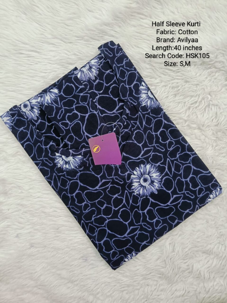 Navy Blue Cotton Half Sleeve Side Open  Kurtis - HSK105