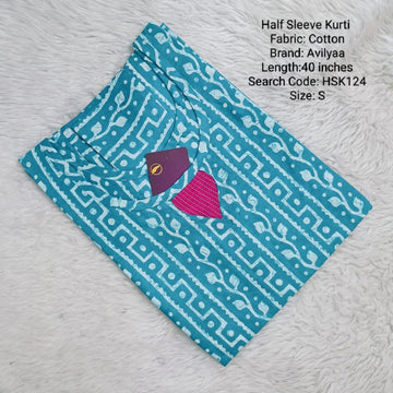 Blue Cotton Half Sleeve Side Open  Kurtis - HSK124