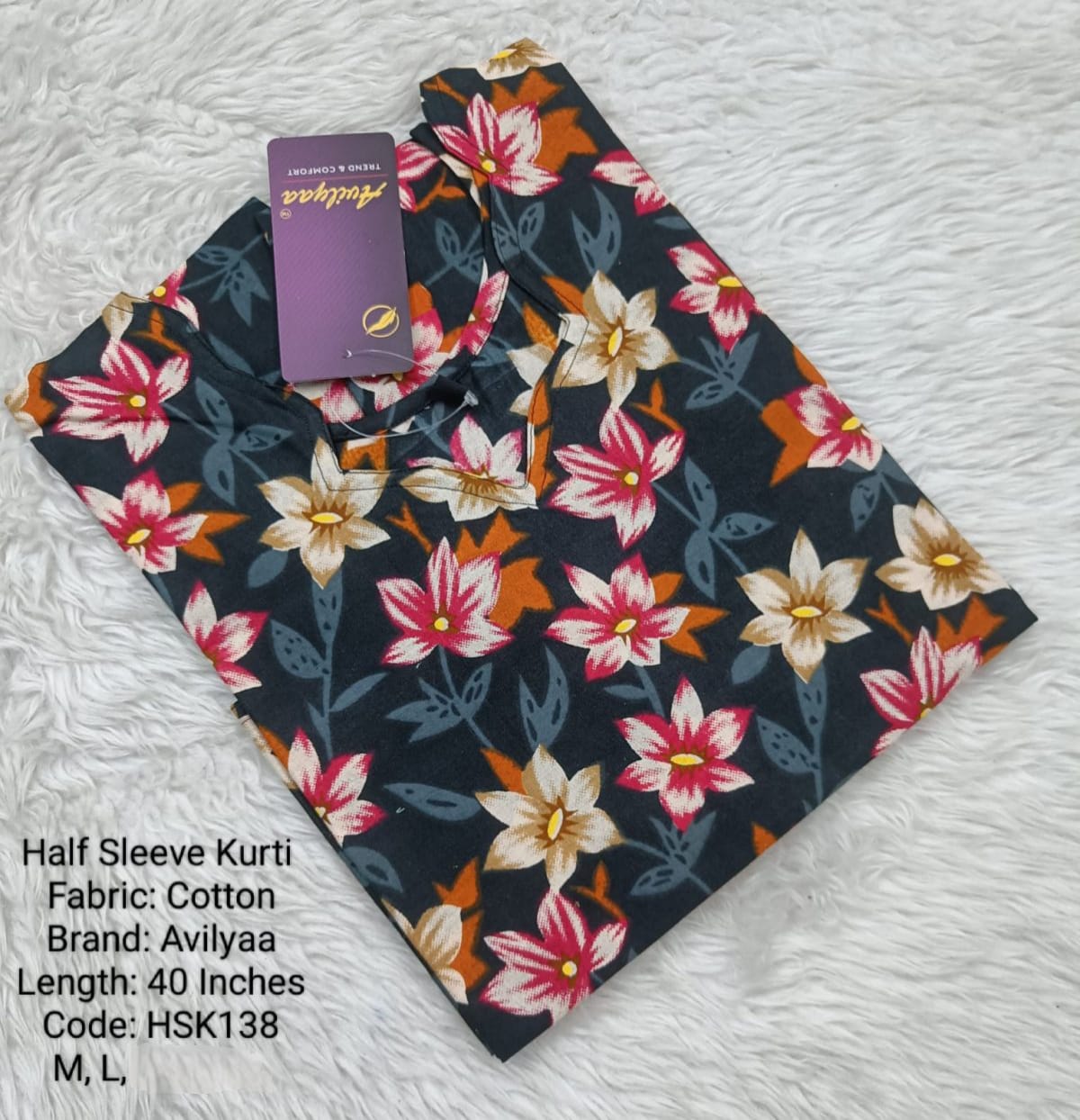 Black Cotton Half Sleeve Side Open  Kurtis - HSK138