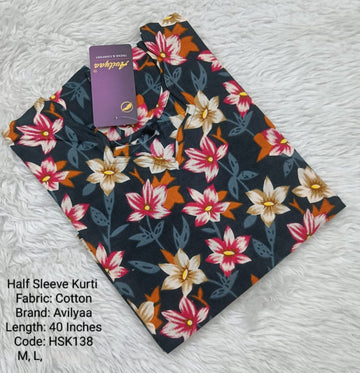 Black Cotton Half Sleeve Side Open  Kurtis - HSK138