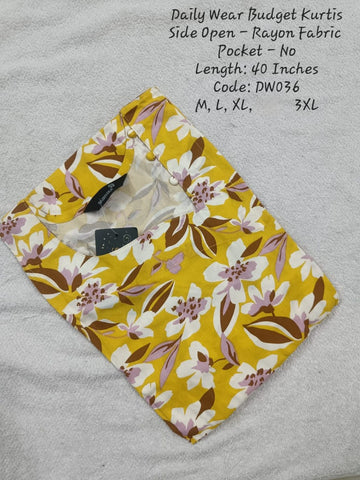 Mustard Rayon Daily wear Budget Side Open  Kurtis -DW036