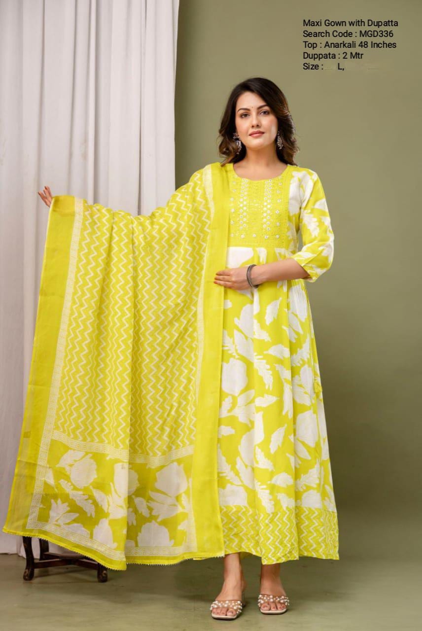 Yellow Cotton Mixed Rayon Maxi With Dupatta - MGD336