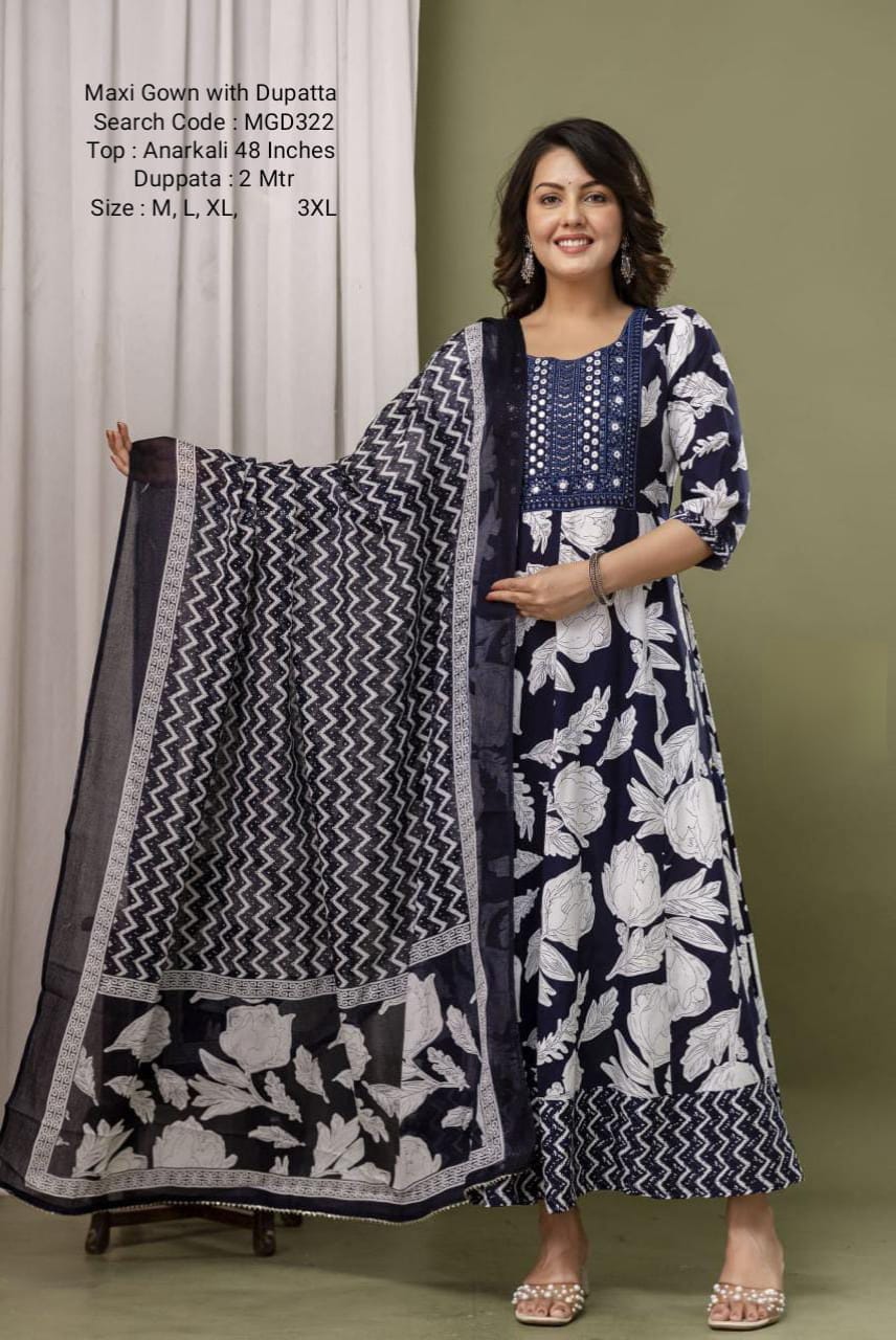 Navy Blue Cotton Mixed Rayon Maxi With Dupatta - MGD322