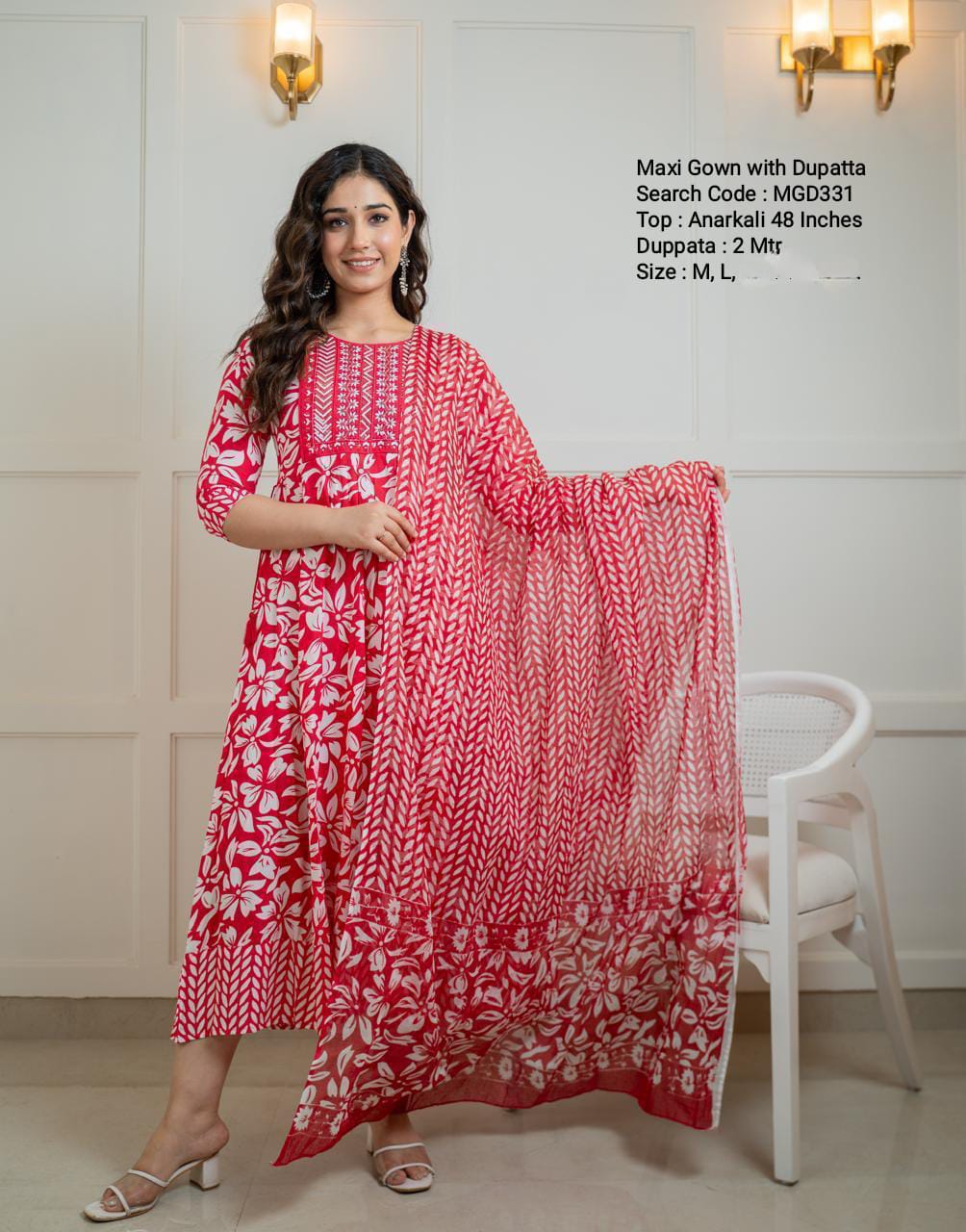 Pink Cotton Mixed Rayon Maxi With Dupatta - MGD331