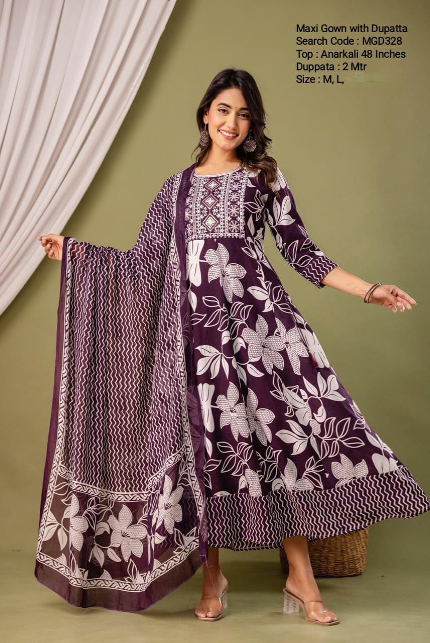 Dark Purple Cotton Mixed Rayon Maxi With Dupatta - MGD328