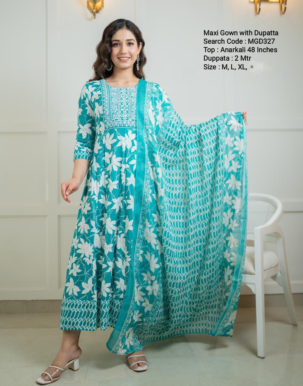 Green Cotton Mixed Rayon Maxi With Dupatta - MGD327