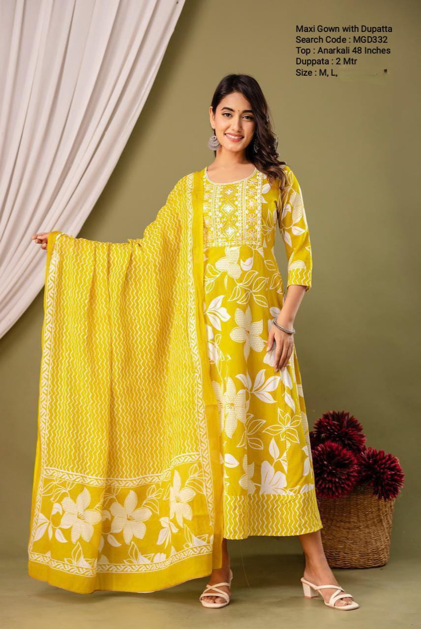 Yellow Cotton Mixed Rayon Maxi With Dupatta - MGD332