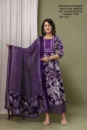 Purple Cotton Mixed Rayon Maxi With Dupatta - MGD323