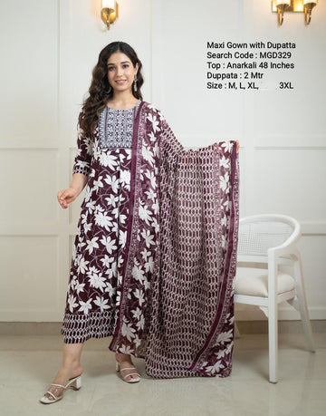 Wine Cotton Mixed Rayon Maxi With Dupatta - MGD329