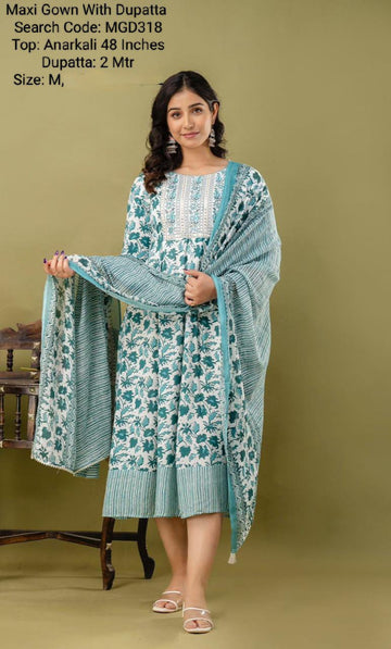 Green Cotton Mixed Rayon Maxi With Dupatta - MGD318