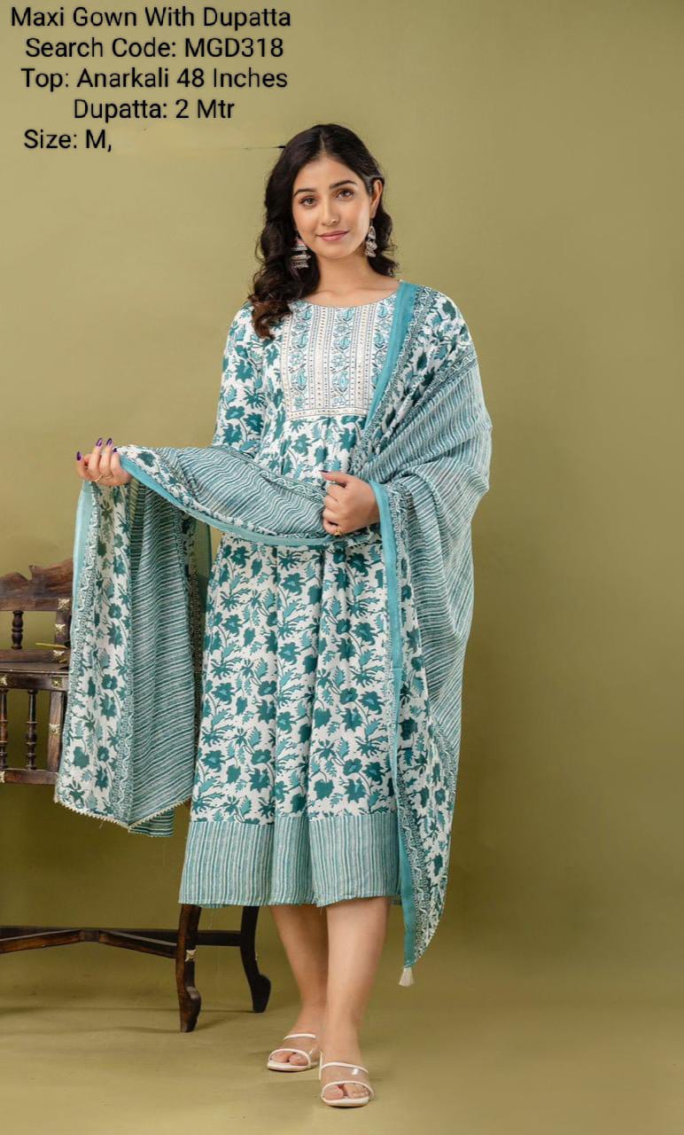 Green Cotton Mixed Rayon Maxi With Dupatta - MGD318
