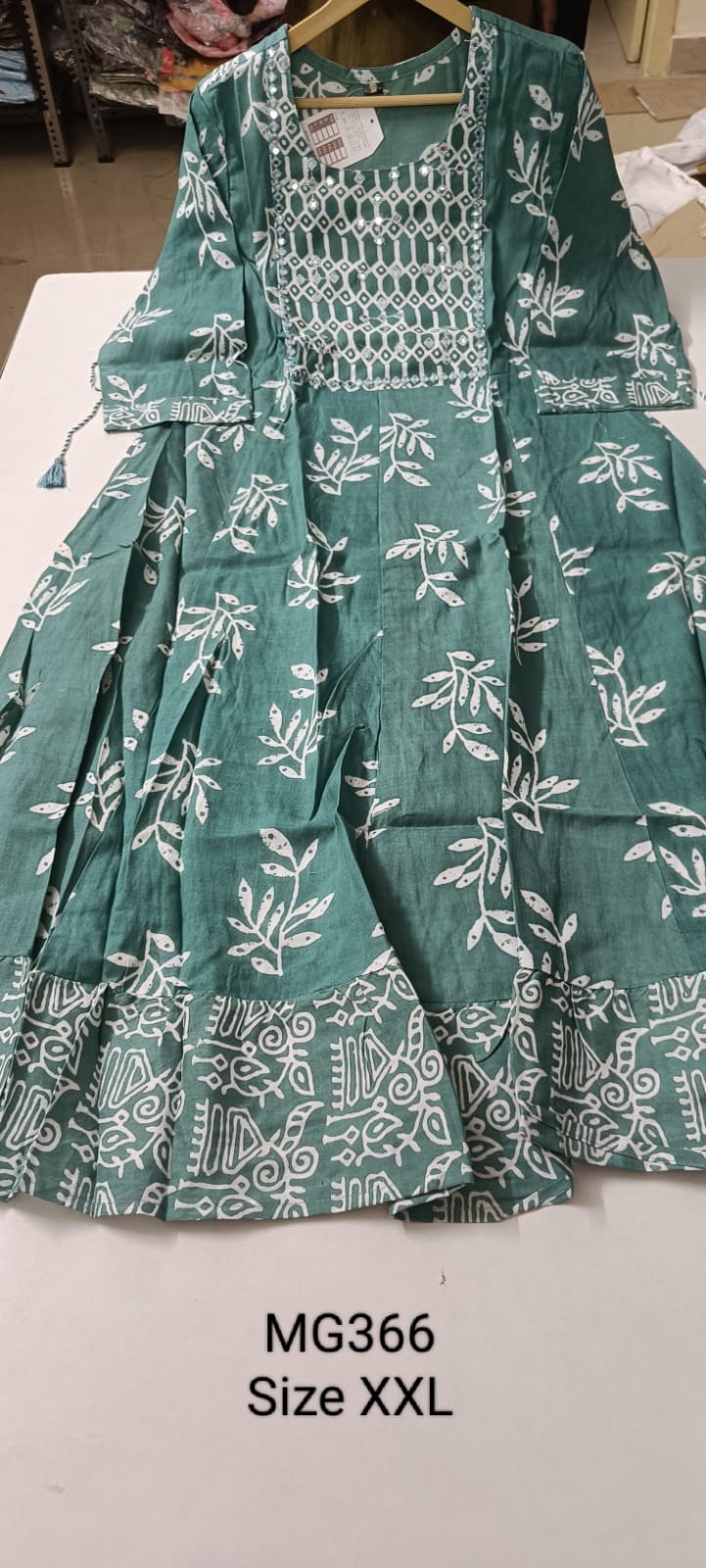 Green Cotton Mixed Rayon Maxi Gown- MG366